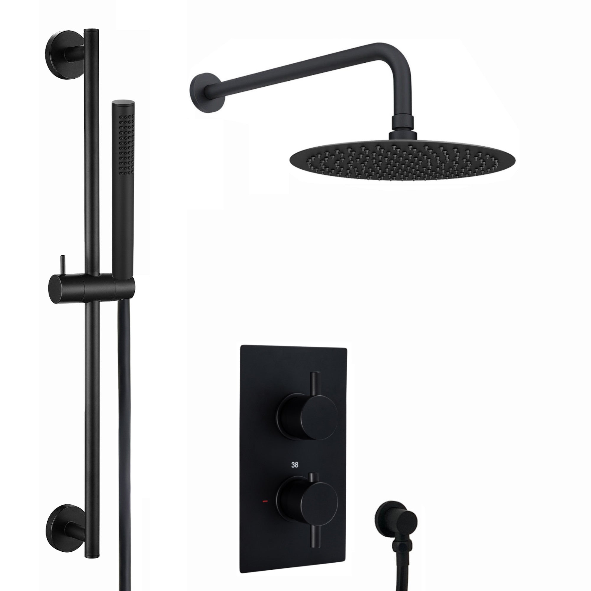 Venice Contemporary Round Concealed Thermostatic Shower Set Incl. Twin Valve, Wall Fixed 8" Shower Head, Slider Rail Kit - Matte Black (2 Outlet)